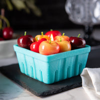 Close-up of Southlake Gifts Cherry Basket Candle filled with Rainier, red, and burgundy cherry wax melts, a cute novelty candle for fruit lovers and unique gifting.