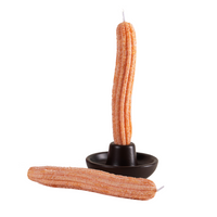 Front View of the Southlake Gifts Churros food Taper Candle set with white background showcasing one churro taper candle in the candle holder, and the other churro taper candle is lying on the ground.