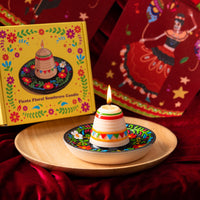 Southlake Gifts Fiesta Sombrero Candle displayed with its colorful gift box, a handcrafted Mexican hat candle inspired by traditional folk art, festive fiesta decor, and Cinco de Mayo celebrations — a vibrant handmade candle perfect as a unique gift or party centerpiece.
