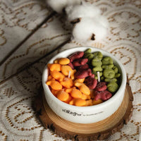 Close-up of Southlake Gifts Fish & Crackers Candle Bowl showing detailed wax fish crackers in orange, red, and green, a realistic food candle perfect for gifting and display.