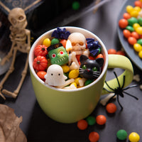 Halloween wax melts spooky mix 6 oz unscented used as festive filler in mug with skeleton and spider Halloween décor
