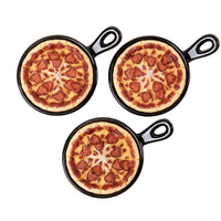 A clean white-background view of the Southlake Gifts Heart Pepperoni Mini Pizza Candle Trio, featuring three lit miniature pepperoni pizza candles in black skillets, a quirky handmade food candle gift perfect for pizza lovers and unique décor collectors
