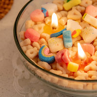Macro shot of the Southlake Gifts Lucky Charms Cereal Candle 2.0 with melted wax and vibrant cereal pieces — handmade soy candle with realistic detail, a delightful décor piece and thoughtful gift.