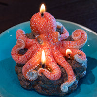 Hand-painted Octopus Candle detail, lifelike tentacles and rocky base, handmade soy-blend wax candle with sea salt fragrance décor