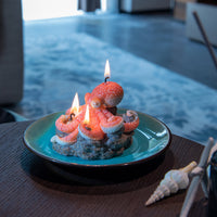 Southlake Gifts Octopus Candle side view, handmade sea-salt scented marine candle with rocky reef wax base and plate display