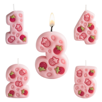 Pink Strawberry Number Candle from Number one to Number five in a white background, cute fruit number candle cake topper.