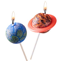 Southlake Gifts planet cake topper candles set isolated on white background, handmade unscented Earth and Saturn candle picks for space themed birthday cake decoration, novelty candle gift