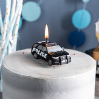 Southlake Gifts police car candle on birthday cake as cake topper, police themed birthday decoration with lit patrol car candle, novelty handmade candle for kids police party, cop theme celebration and first responder gift