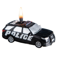 Southlake Gifts police car candle isolated on white background, handmade novelty patrol car candle for cake topper, police themed birthday decoration, gift for police officer, first responder gift and kids party favor.