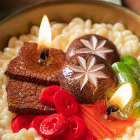 Hand-painted Ramen Noodle Candle realistic wax ramen bowl topped with beef slices, mushrooms, scallions, and chili. Handmade novelty décor candle.