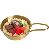 Southlake Gifts Ramen Noodle Candle gift set. Handmade realistic food candle in golden ramen pot with beef, mushrooms, scallions, and chili wax toppings.