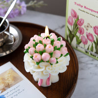 Southlake Gifts Tulip Bouquet Candle styled on a wooden tray, a handcrafted floral candle bouquet with pink and white tulips, elegant home décor and gift-ready botanical floral centerpiece, a perfect gift for weddings, Mother’s Day, or romantic occasions.