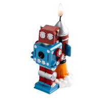 Vintage Robot Rocket Candle Cake Topper in cube shape and retro blue and red color, carring a rocket with flame is lit up in the back in the white back ground.