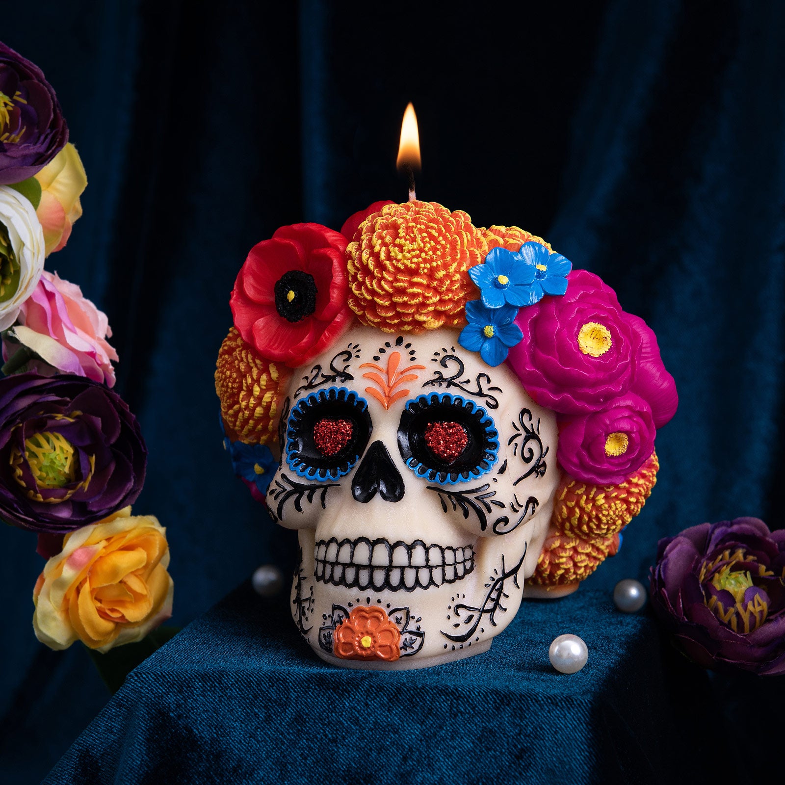 Dia De Los Muertos Floral Skull Candle - Southlake Gifts