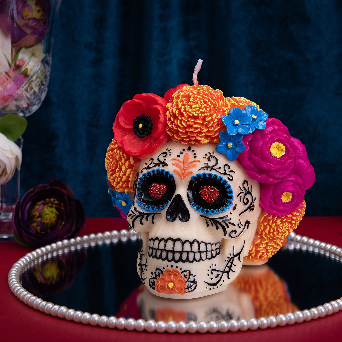 Dia De Los Muertos Floral Skull Candle - Southlake Gifts