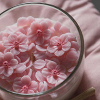 Top-view of Southlake Gifts Sakura Cup Candle showing delicate pink wax cherry blossoms in a glass cup, a realistic handmade candle perfect for gifting and home decoration.