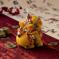 Back view of Southlake Gifts Pixiu Fortune Candle highlighting sculpted details and hand-painted patterns, a decorative soy wax candle inspired by traditional Chinese symbolism and gift-ready for special occasions.