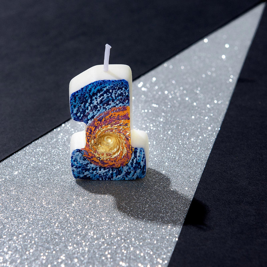 Handcrafted and hand-painted Galaxy Wormhole Number Candle.
