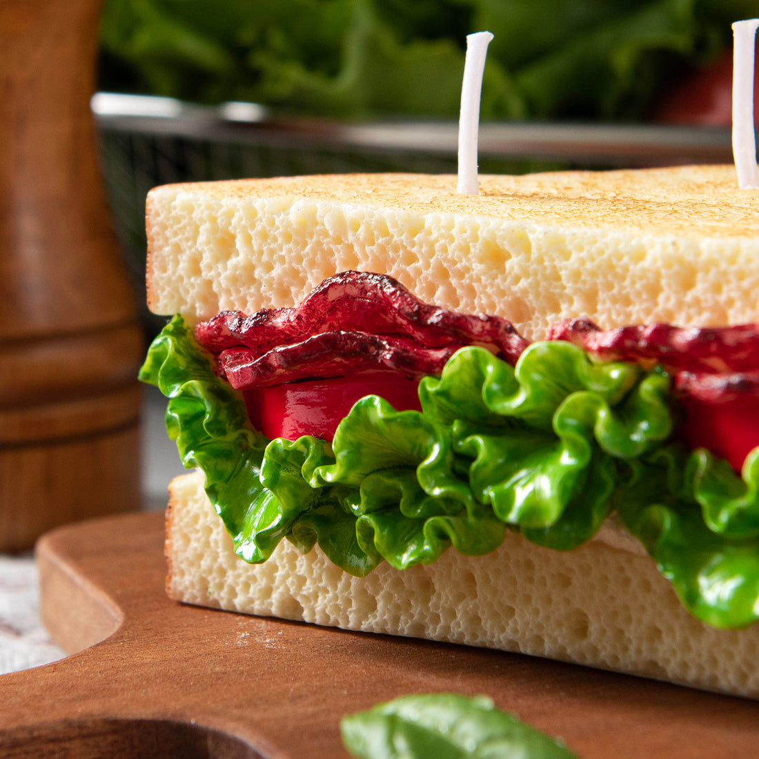 Southlake Gifts BLT Sandwich Candle close-up showing hand-painted bread, wax lettuce, tomato, and bacon layers, quirky handmade food candle décor