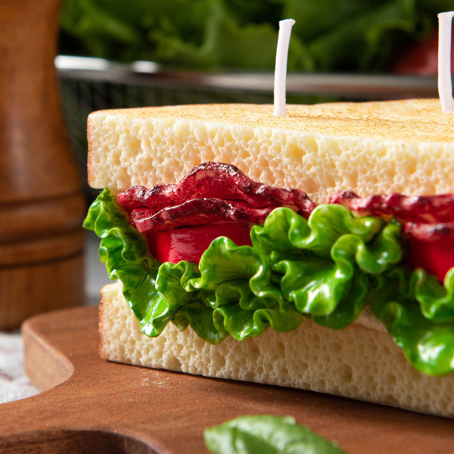 Southlake Gifts BLT Sandwich Candle close-up showing hand-painted bread, wax lettuce, tomato, and bacon layers, quirky handmade food candle décor