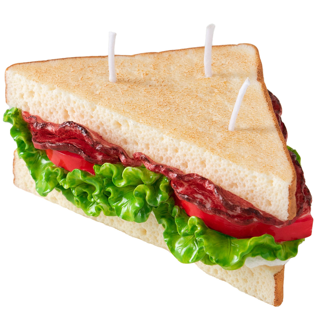 Southlake Gifts Bacon Lettuce Tomato Sandwich Candle in a white background with realistic design displayed beside vegetables, handmade scented novelty food candle gift