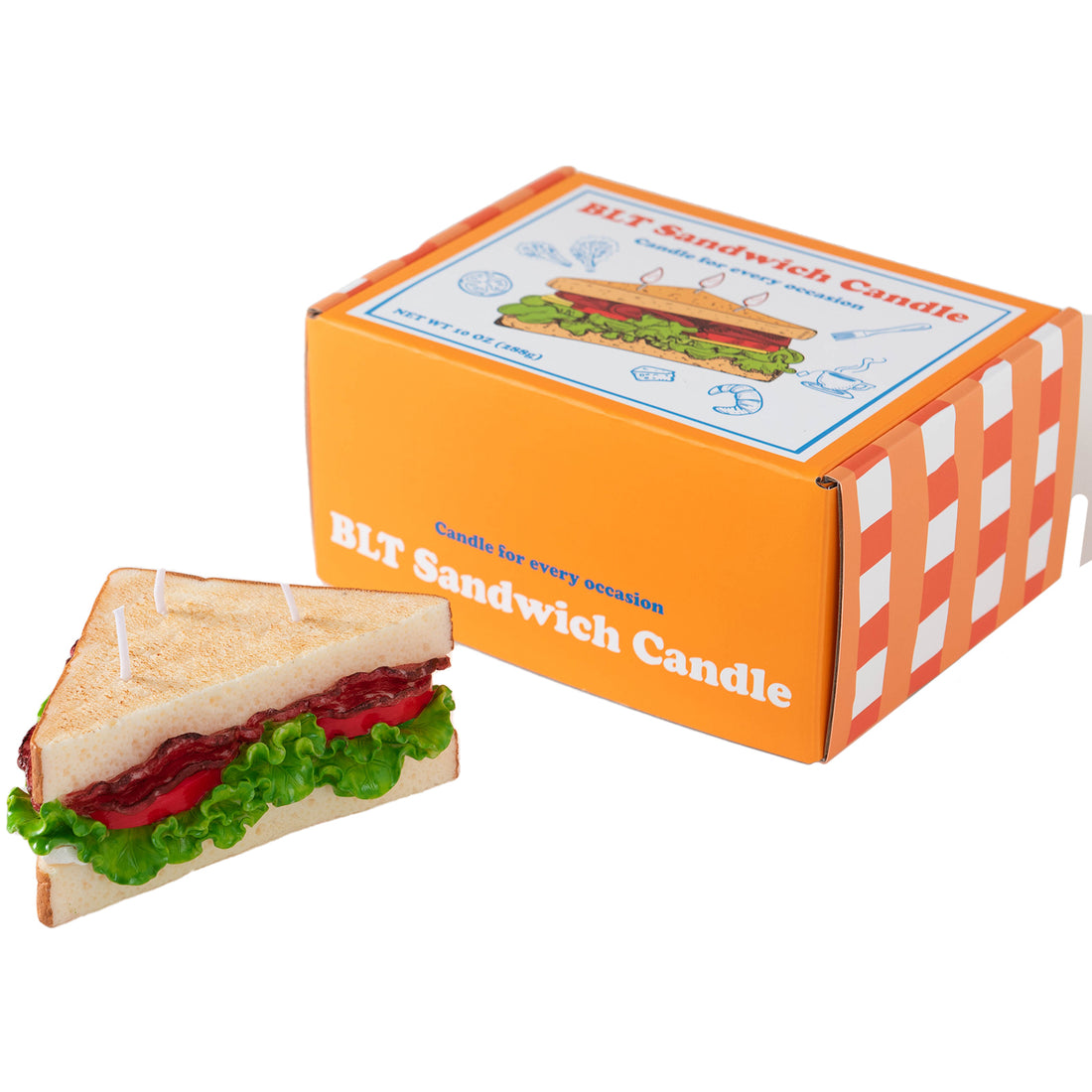 Southlake Gifts BLT Sandwich Candle in protective gift box packaging, handmade soy wax food candle ready as giftable home décor centerpiece in a white back ground. 