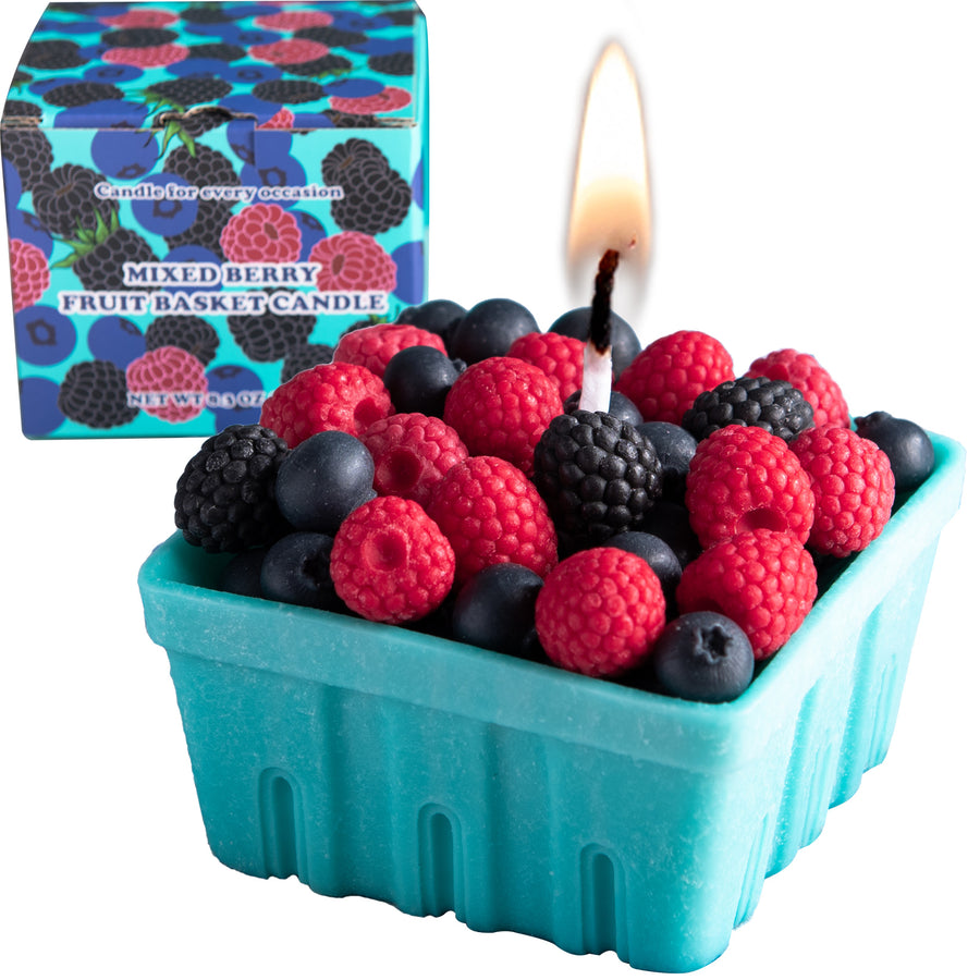 Showcasing the Southlake Gifts Berry Basket Candle with its gift-ready packaging on a white background, featuring handmade blueberry, raspberry, and blackberry wax melts that look strikingly lifelike — a beautiful handmade candle perfect for gifting and home décor.