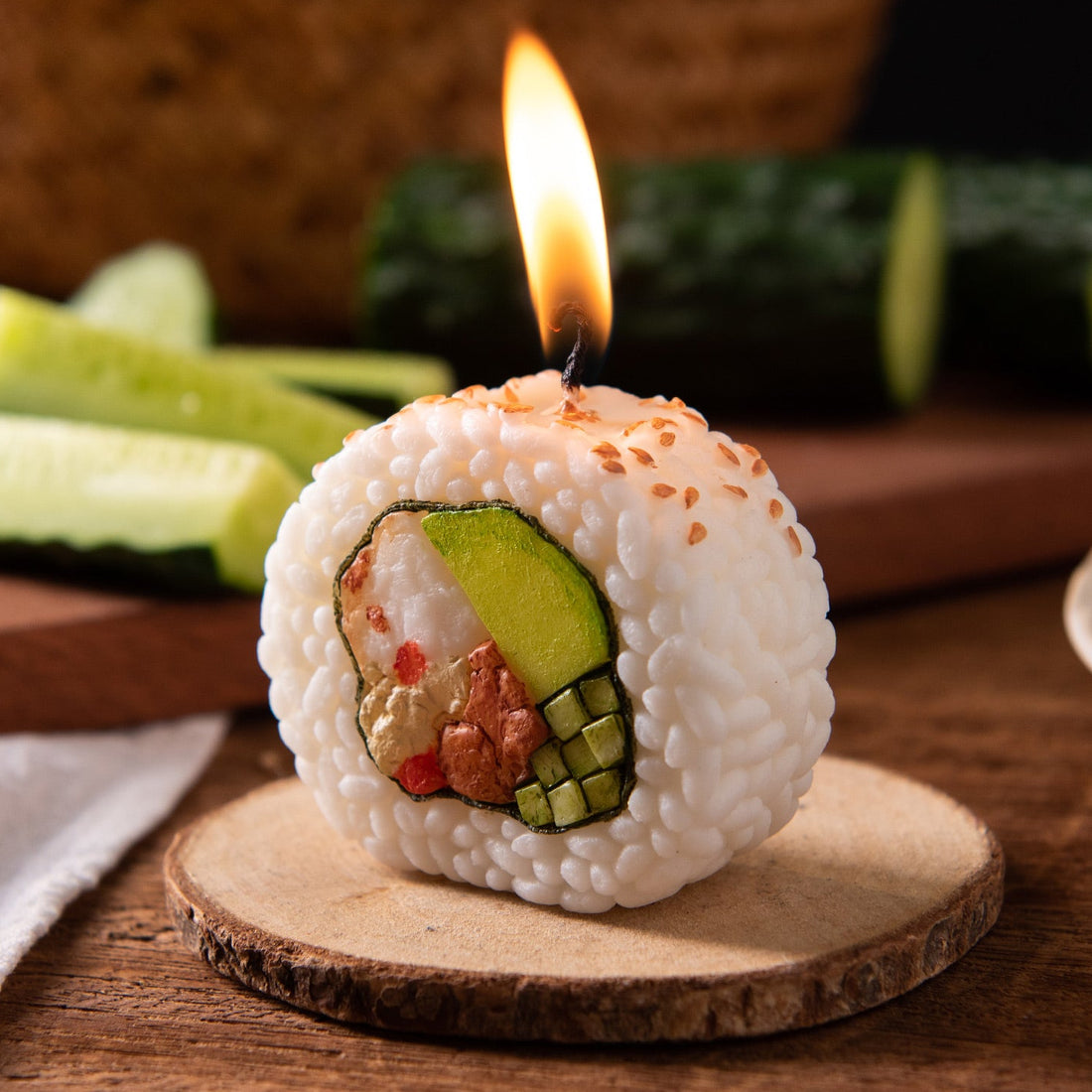 Southlake Gifts California Roll Sushi Candle, handmade lemon scented sushi candle with realistic rice and avocado details, a unique foodie gift.