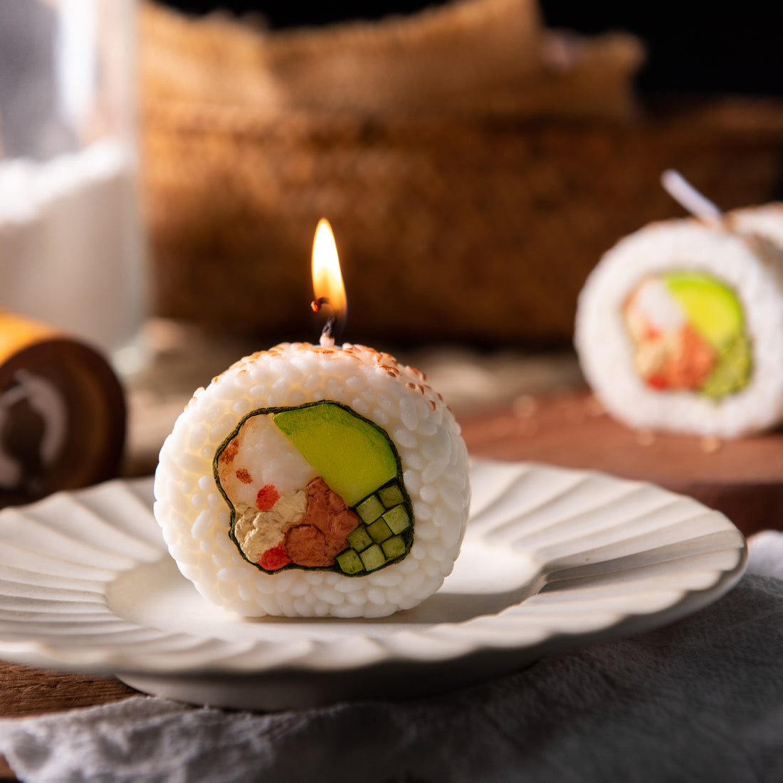 Southlake Gifts California Roll Sushi Candle on a ceramic plate, handmade novelty food candle for kitchen décor, dining table styling and thoughtful gifts.