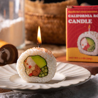 Southlake Gifts California Roll Sushi Candle with gift-ready packaging, handmade lemon scented novelty food candle for sushi lovers and unique gifts.