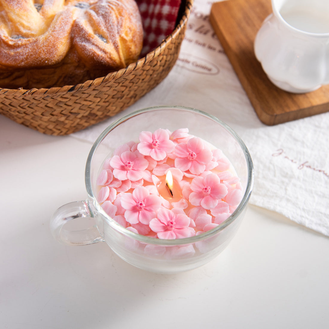 Southlake Gifts cherry blossom candle cup with pink sakura petals in a glass mug, handmade floral candle for home decor, aesthetic candle decor, spring decoration, gift for her, birthday gift, housewarming gift. 