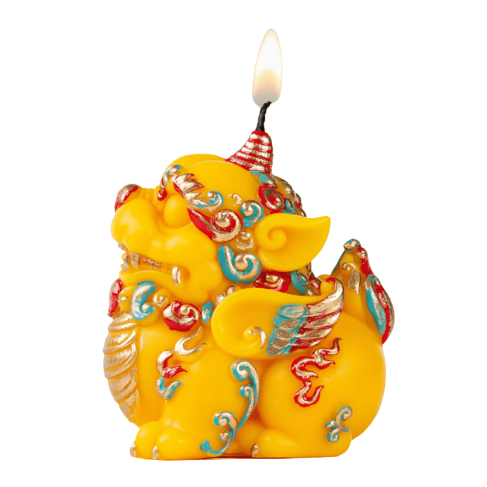 Southlake Gifts Pixiu Fortune Candle lit against a white background, a handcrafted soy wax decorative candle symbolizing prosperity and luck, ideal as a refined gift for Lunar New Year or year-round home décor.