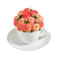 Southlake Gifts handmade Dahlia Flower Teacup Candle, orange wax bouquet in porcelain-style cup and saucer, floral scented décor gift in white background.