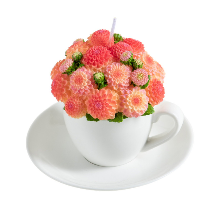 Southlake Gifts handmade Dahlia Flower Teacup Candle, orange wax bouquet in porcelain-style cup and saucer, floral scented décor gift in white background.