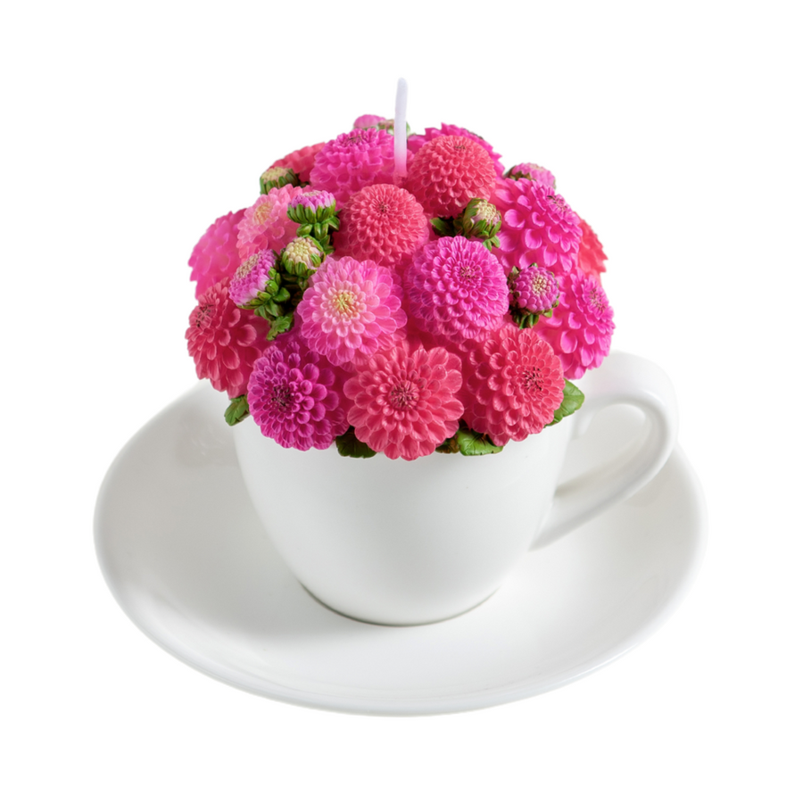 Southlake Gifts handmade Dahlia Flower Teacup Candle, pink wax bouquet in porcelain-style cup and saucer, floral scented décor gift in white background.