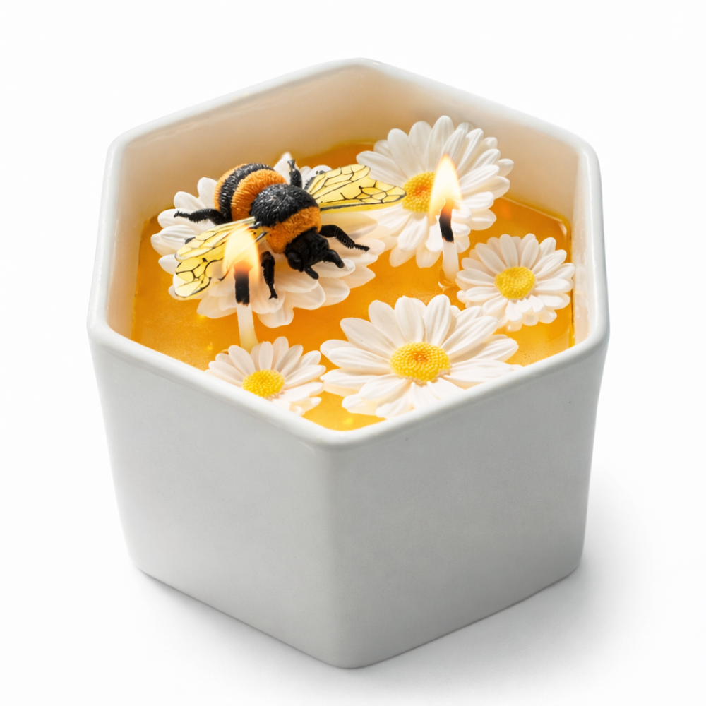 Southlake Gifts Daisy Beehive Candle Bowl is lit with daisy and bee waxmelts in a container in white background — a nature-inspired, gift-ready home decoration candle for birthdays, housewarmings, and holidays.