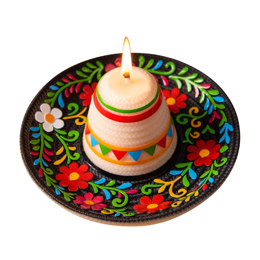 Clean product image of the Southlake Gifts Fiesta Sombrero Candle with bright floral patterns and sculpted sombrero form, a handcrafted novelty candle inspired by Mexican fiesta culture and festive home decor, perfect as a cheerful artisan gift.