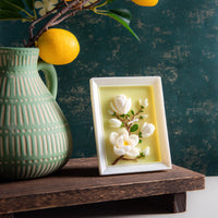Southlake Gifts Framed Magnolia Bloom Candle, handmade botanical magnolia flower candle in picture frame design, scented floral home décor and gift-ready artisan candle for elegant home styling.