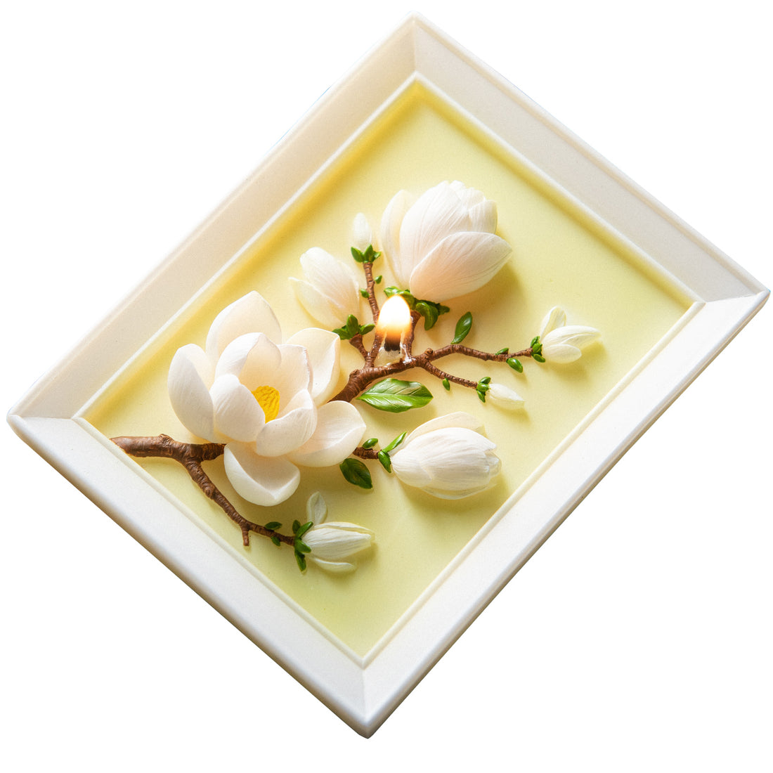 Southlake Gifts Framed Magnolia Bloom Candle on a clean background, featuring a handcrafted magnolia flower design inside a rectangular frame candle, a sculptural soy wax candle that serves as refined décor and a timeless gift for candle and floral art lovers.
