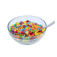 Fruity Pebbles Cereal Candle Bowl with metal spoon in white background showcasing handmade craftsmanship and joyful design, perfect for gifting and home décor fans.