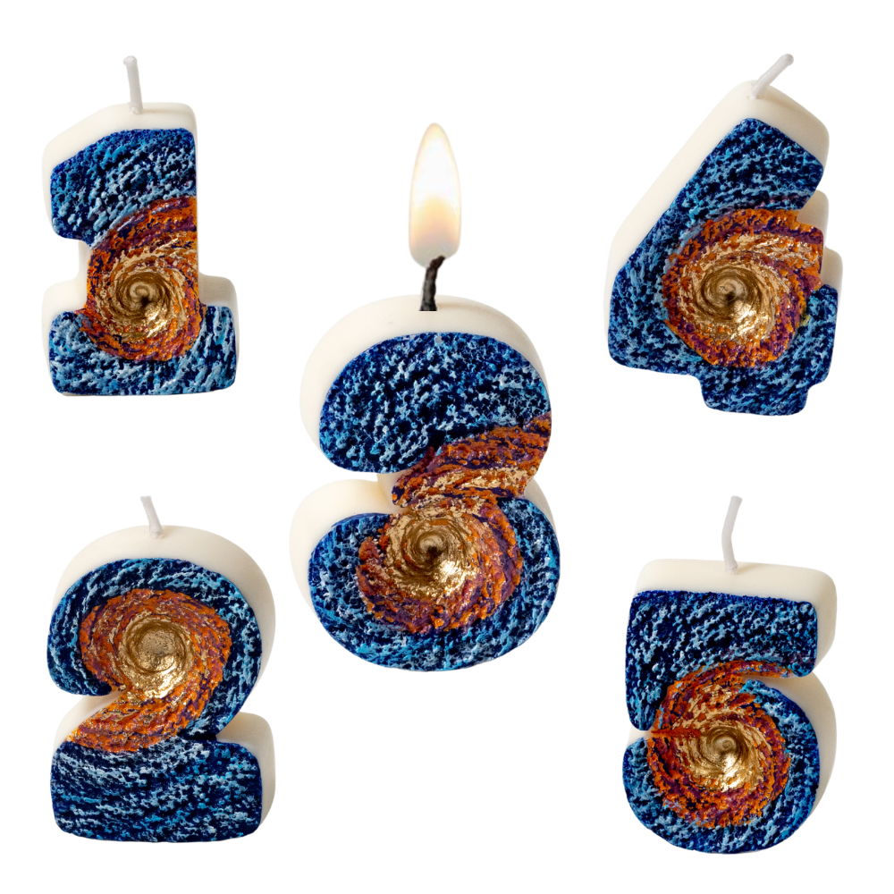Set of Southlake Gifts galaxy black hole number candles 1 to 5 on white background, colorful space themed birthday candles designed as unique cake toppers.