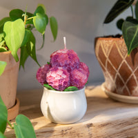 Southlake Gifts Hydrangea Candle Pink & Purple – realistic flower arrangement candle on wooden shelf, hand-painted wax petals, gift-ready home décor