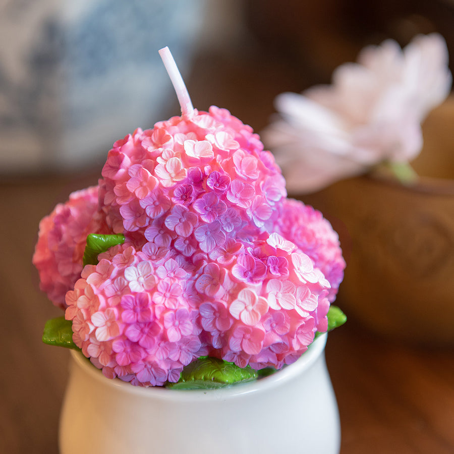 Southlake Gifts Hydrangea Candle Pink & Purple – handmade scented wax bouquet in white pot, floral-inspired decorative candle for weddings and gifts