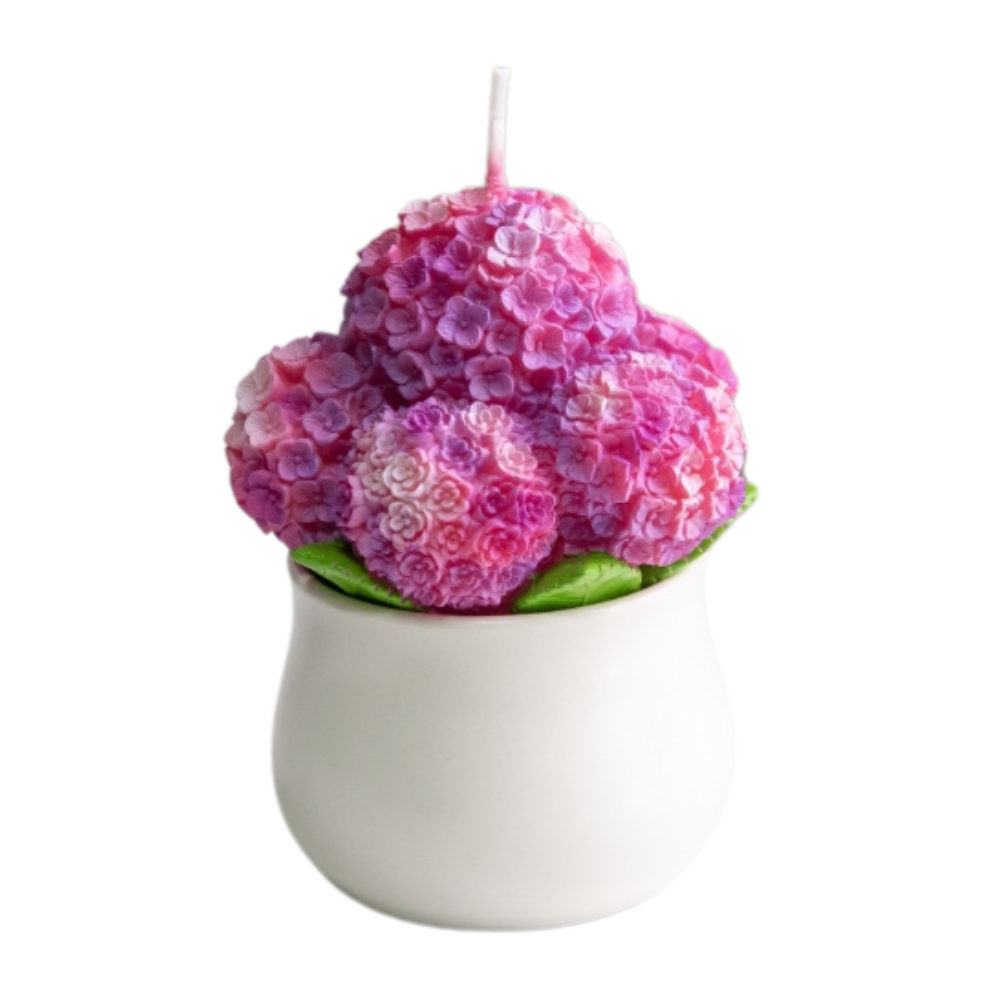 Southlake Gifts Hydrangea Candle Pink & Purple in the white background– close-up of hand-carved wax petals in pink and violet hues, scented flower décor candle gift idea