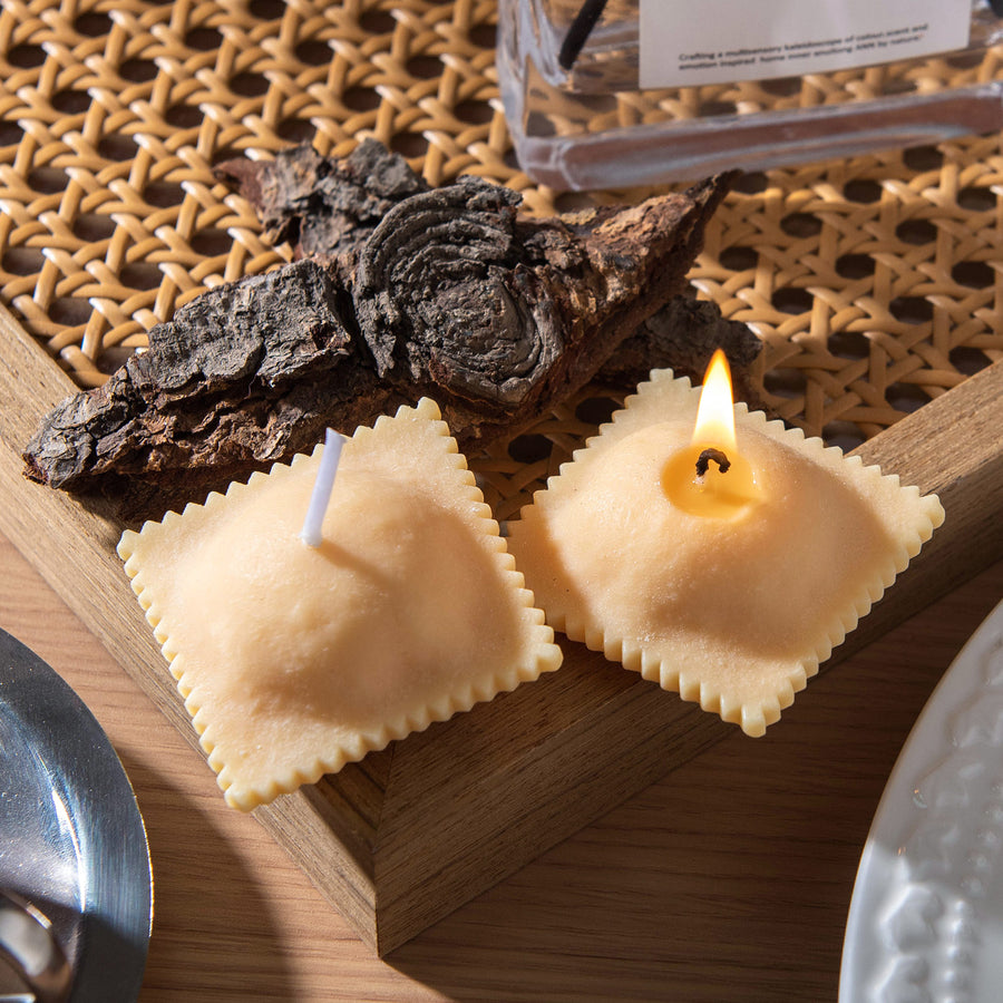 Southlake Gifts Ravioli Candle 2-pack, handmade pasta-shaped wax pillows with pressed edges, realistic novelty food candle with vanilla fragrance