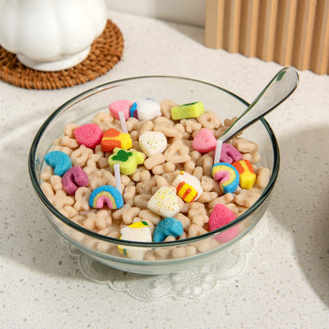 Southlake Gifts Lucky Charms Cereal Candle 2.0 in a glass bowl with colorful cereal wax and charms — handmade scented food shape soy candle inspired by the nostalgic Lucky Charms cereal, a playful and gift-ready home décor unique gifts holiday. 