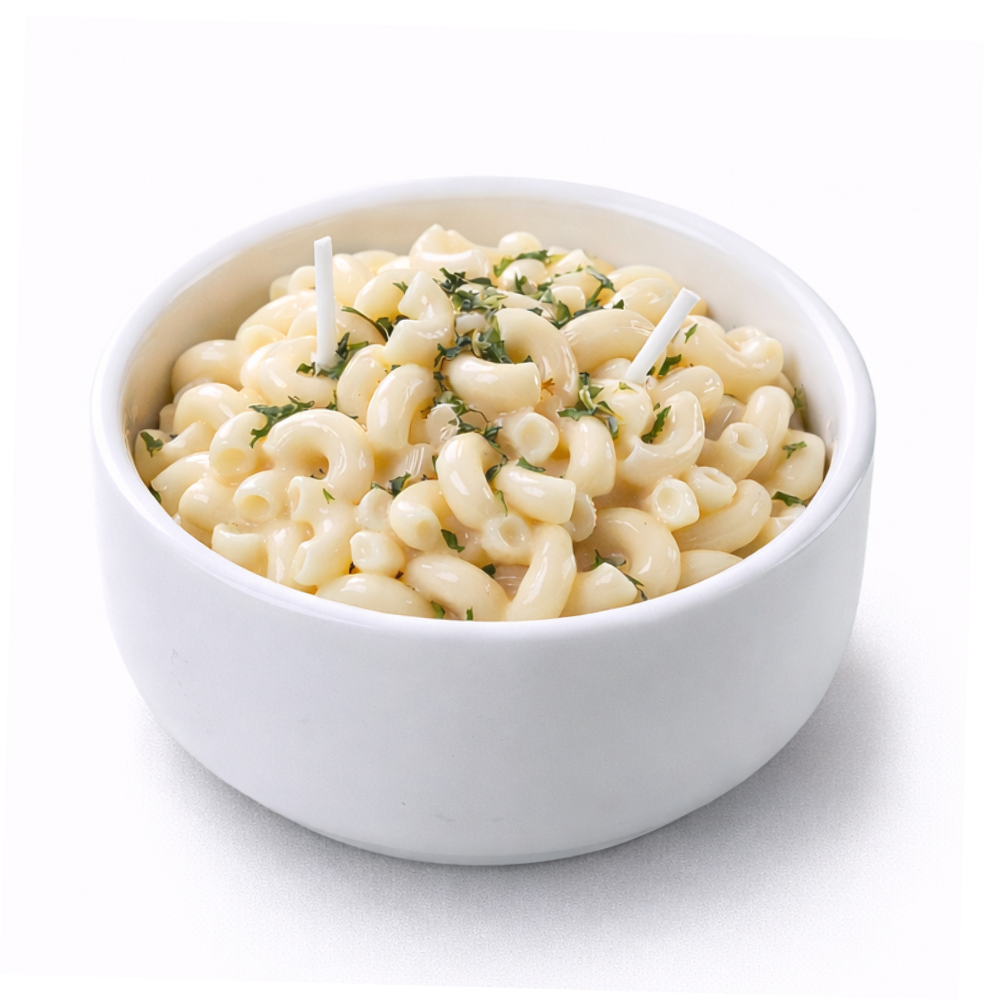 Macaroni & Cheese Pasta Candle from Southlake Gifts in a white background. 