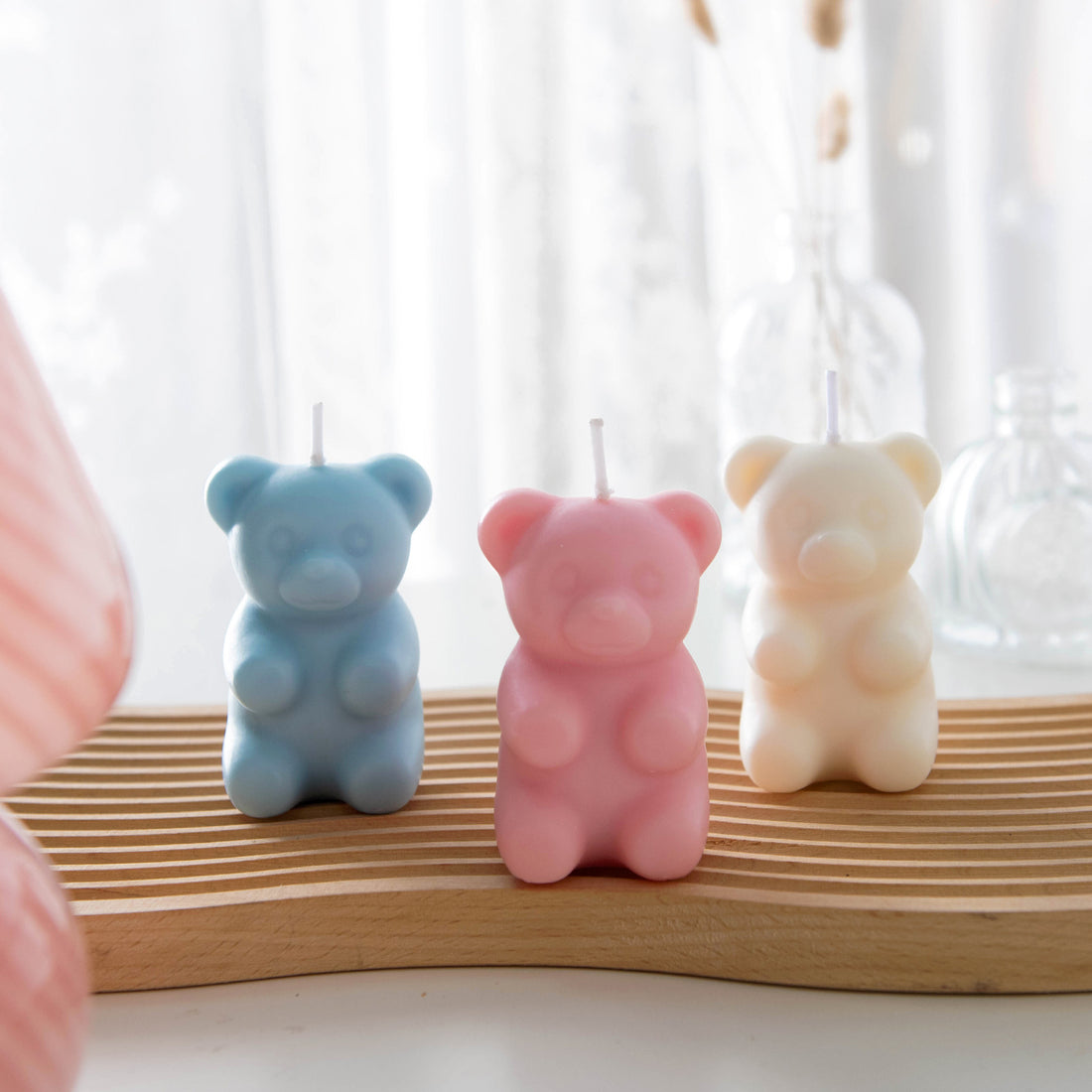 Southlake Gifts gummy bear candle set in pink blue and white, handmade scented novelty candles styled together, a cheerful gift set for birthdays anniversaries and sweet home décor.