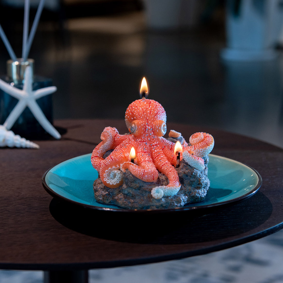 Southlake Gifts Octopus Candle lit with multiple flames, handmade sea-salt scented marine décor candle on rocky reef base with display plate
