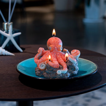 Southlake Gifts Octopus Candle lit with multiple flames, handmade sea-salt scented marine décor candle on rocky reef base with display plate